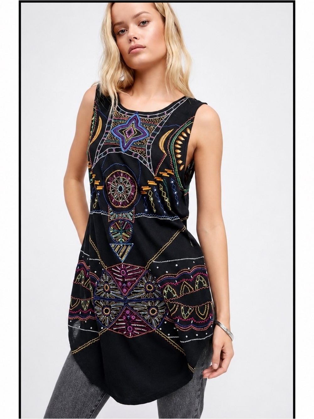 FREE PEOPLE Boho Embroidered Black Sleeveless Tunic Dress